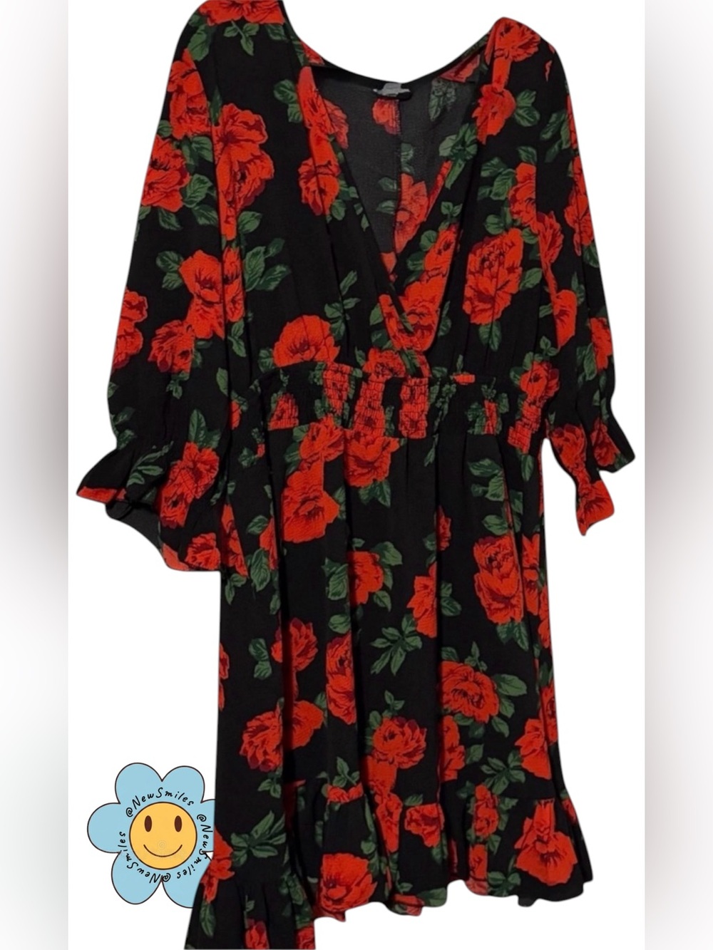 SHEIN CURVE ~Midi Dress ~Red Roses on Black ~Ruffled Sleeve & Hem ~Great Shape